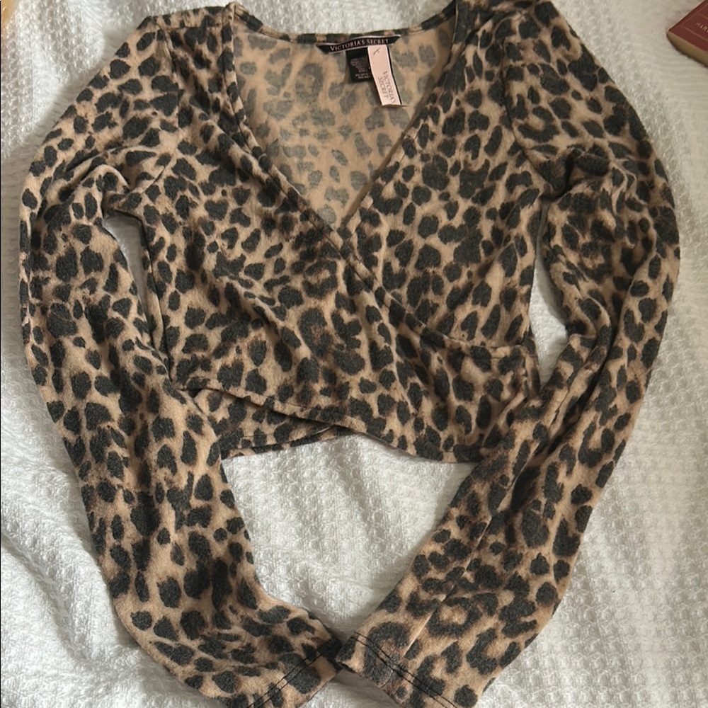 Victoria's Secret Brown and Cream Long Sleeve Wrap Crop Blouse